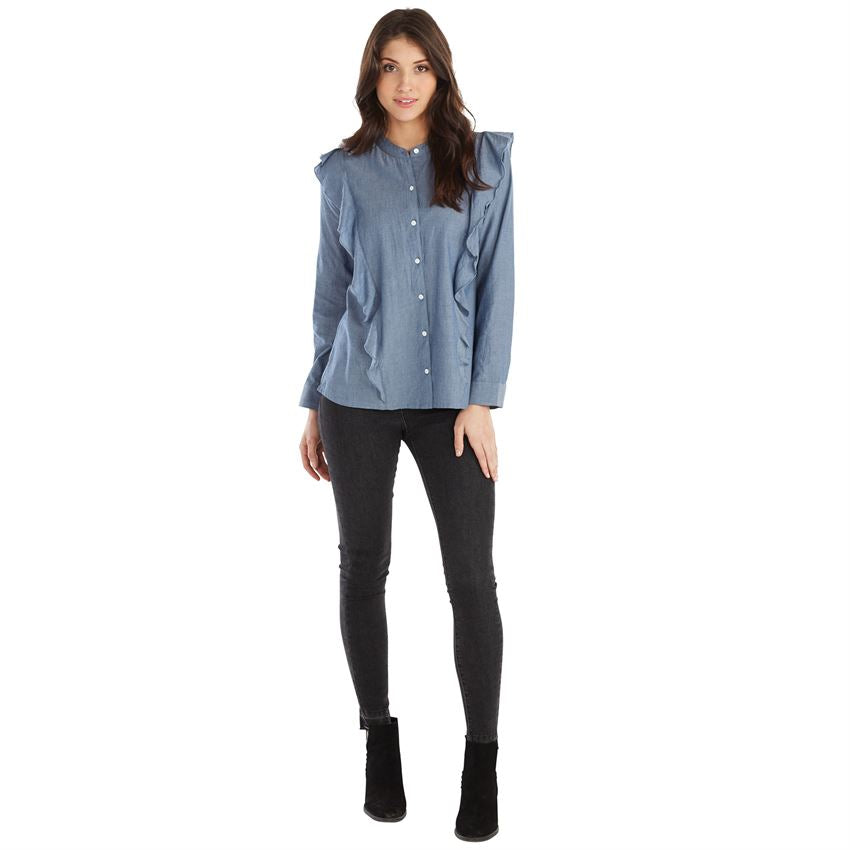 Mudpie Adley Button-Down Ruffle Top Chambray