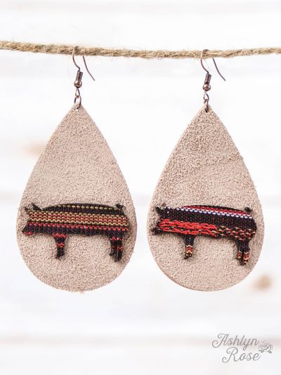 Beige Leather Teardrop Earrings with Serape Pig Cutout, Copper