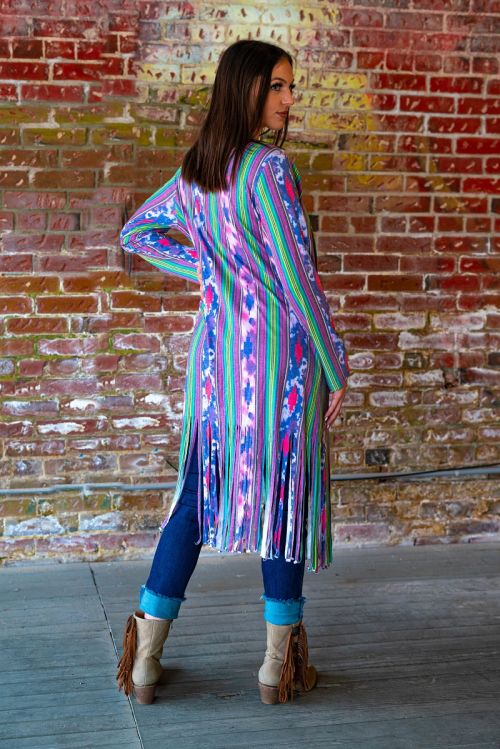 Ladies Serape Tie Dye Long Sleeve Fringe Duster