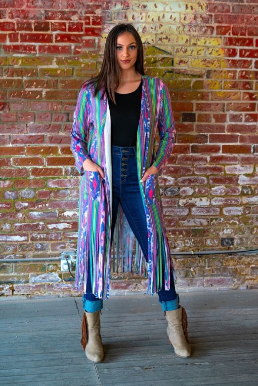 Ladies Serape Tie Dye Long Sleeve Fringe Duster