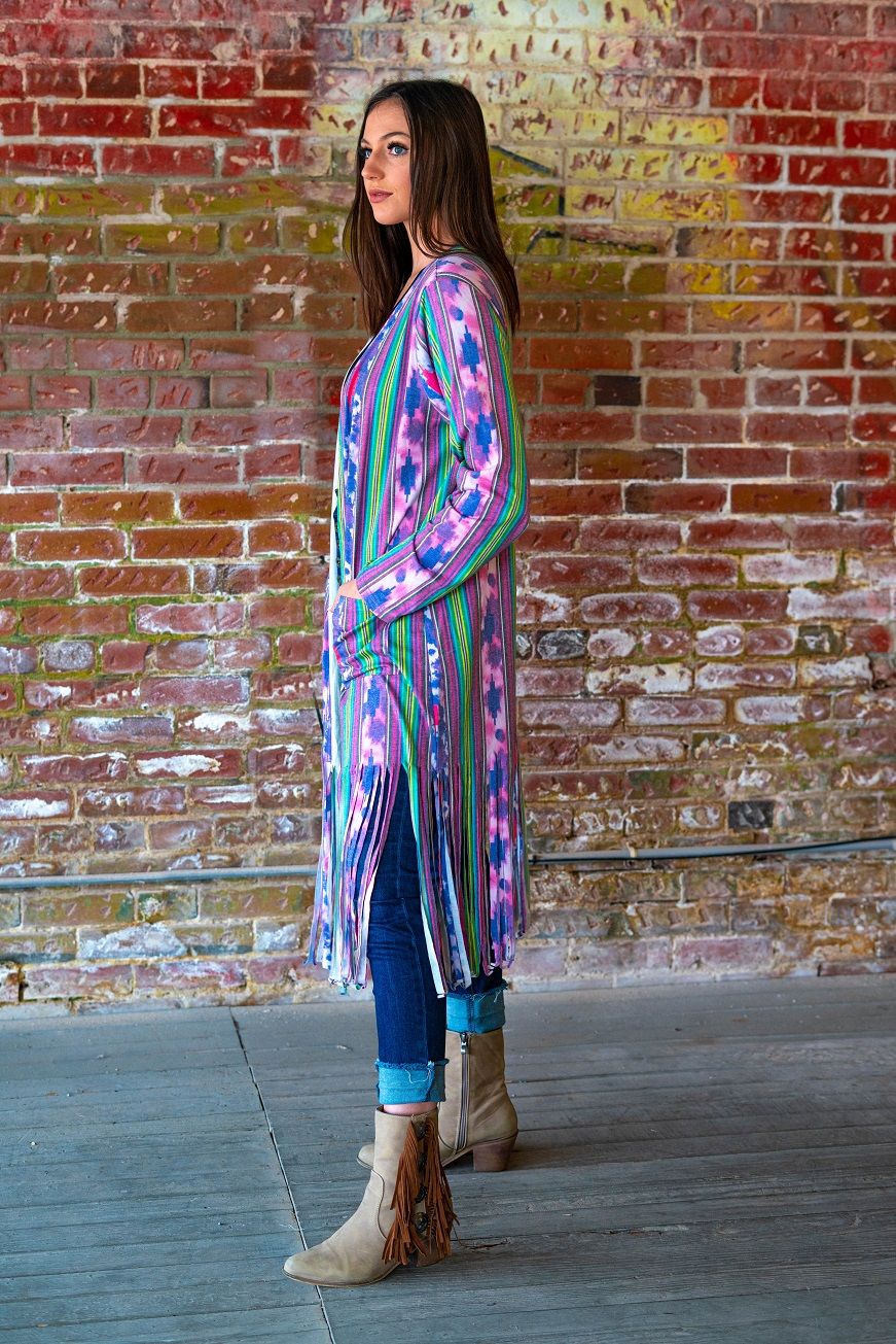 Ladies Serape Tie Dye Long Sleeve Fringe Duster