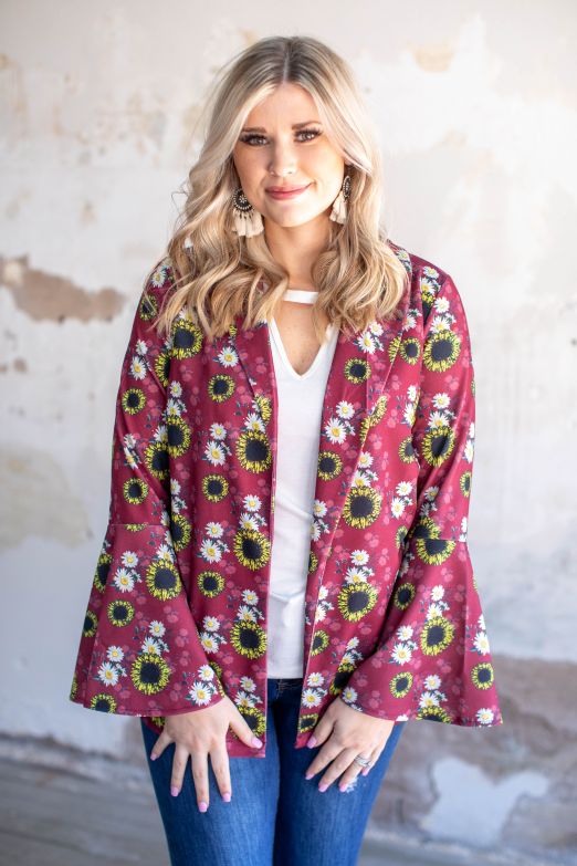 WINE SUNFLOWER AND DAISY PRINT LONG BELL SLEEVE BLAZER