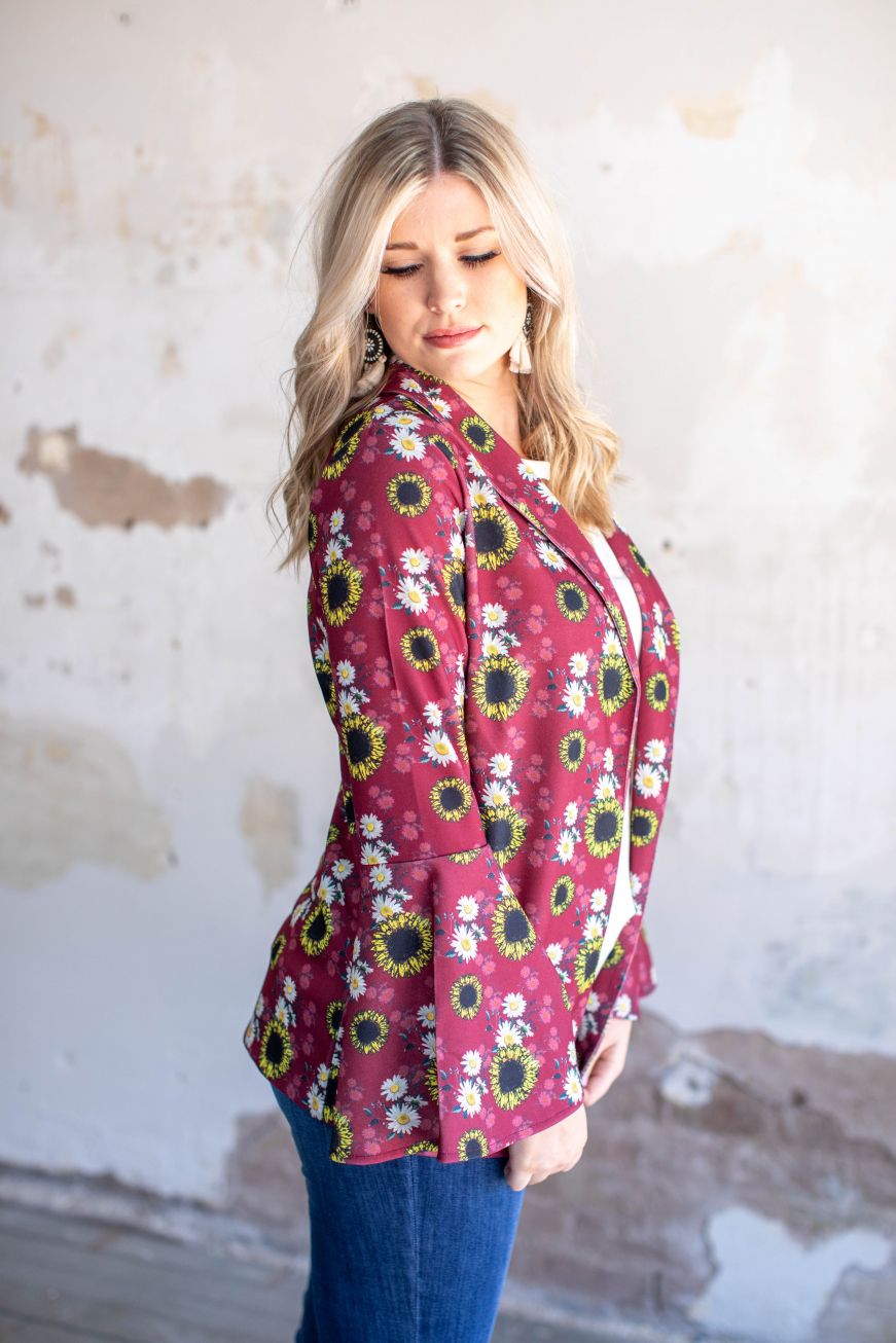 WINE SUNFLOWER AND DAISY PRINT LONG BELL SLEEVE BLAZER