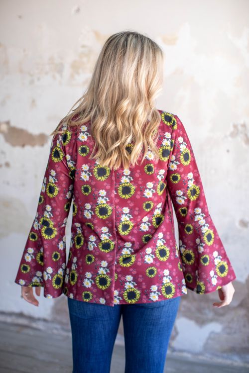 WINE SUNFLOWER AND DAISY PRINT LONG BELL SLEEVE BLAZER