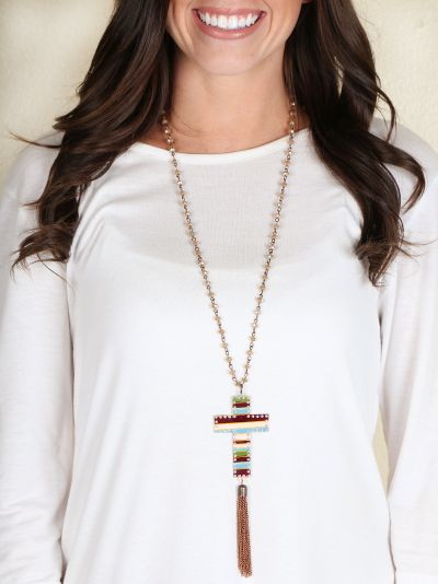 Brown & Light Blue Cross Necklace