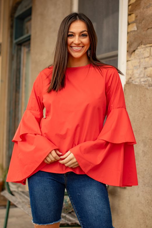 Ladies Coral Double Bell Long Sleeve Scoop Neckline Top