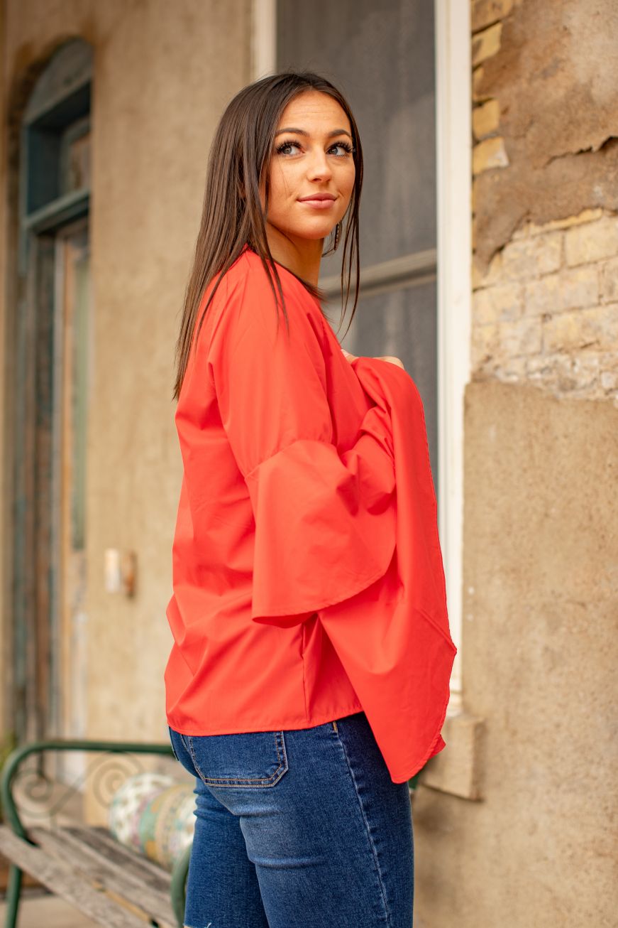 Ladies Coral Double Bell Long Sleeve Scoop Neckline Top
