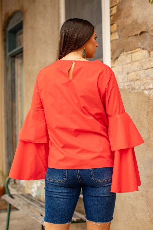 Ladies Coral Double Bell Long Sleeve Scoop Neckline Top