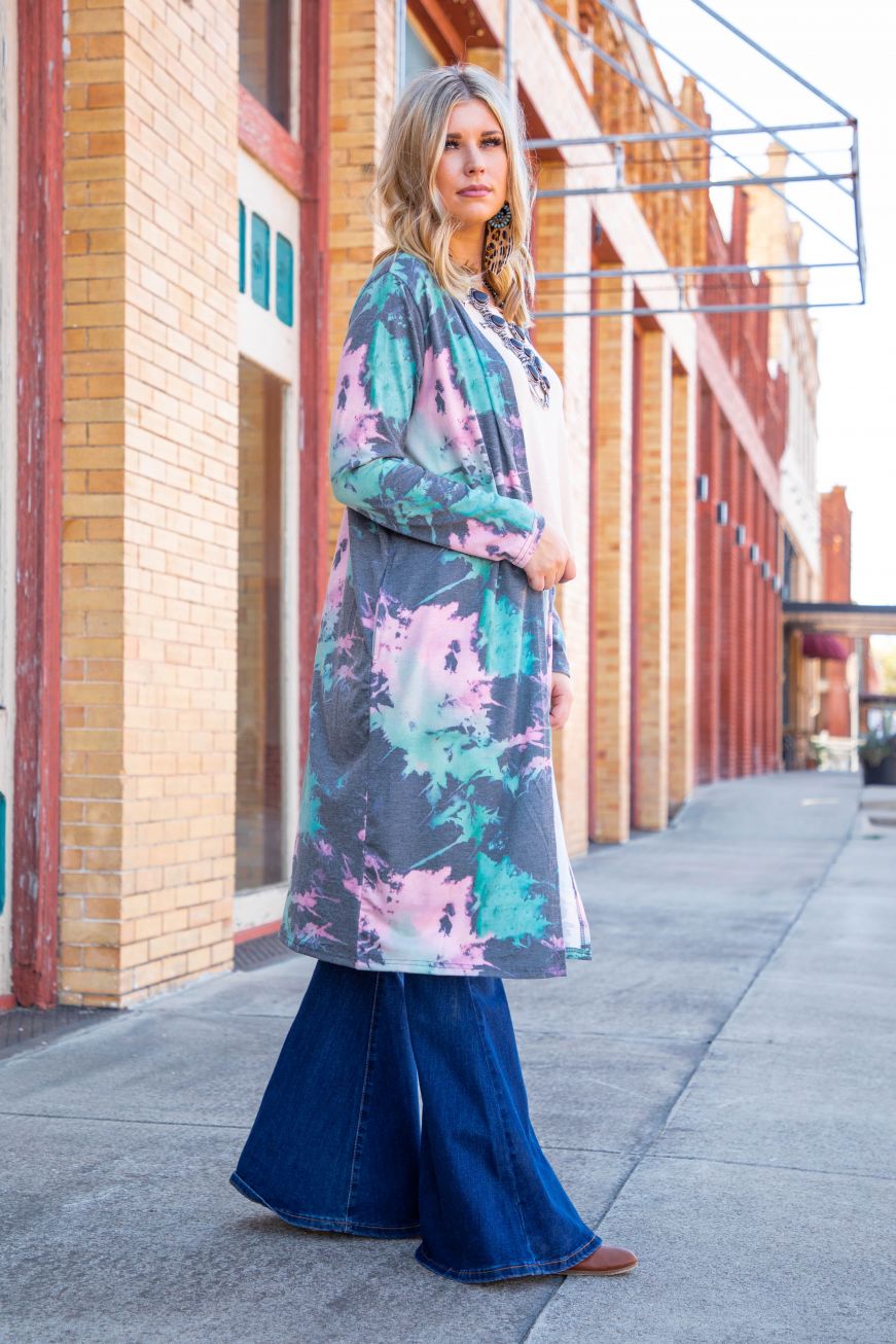 Ladies Blue Pink Splatter Tie Dye Long Sleeve Duster