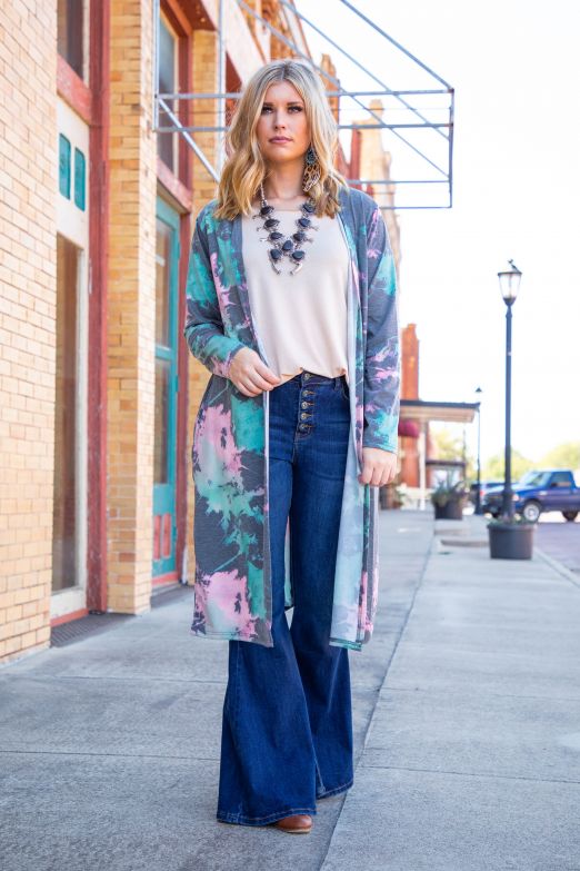Ladies Blue Pink Splatter Tie Dye Long Sleeve Duster