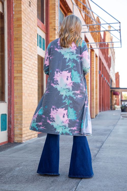 Ladies Blue Pink Splatter Tie Dye Long Sleeve Duster
