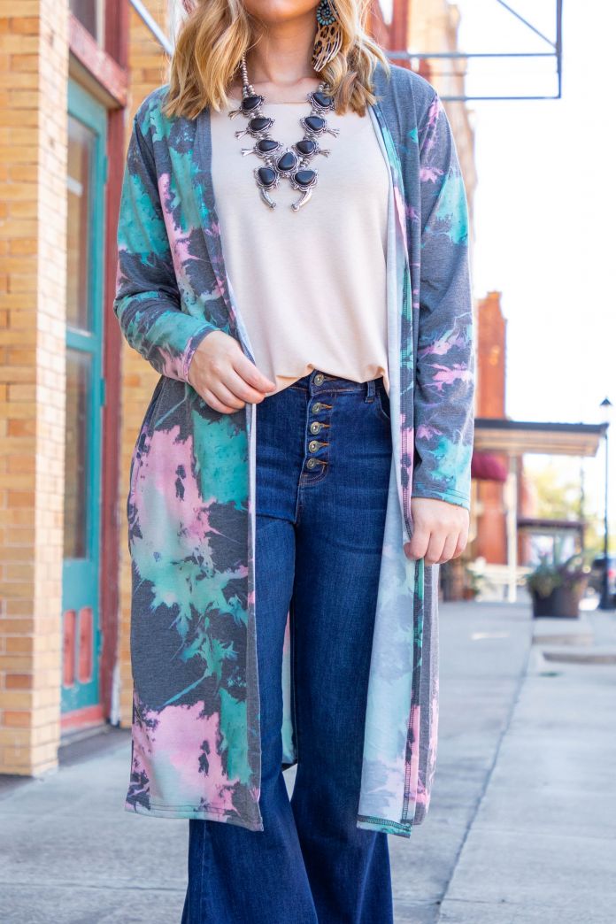 Ladies Blue Pink Splatter Tie Dye Long Sleeve Duster