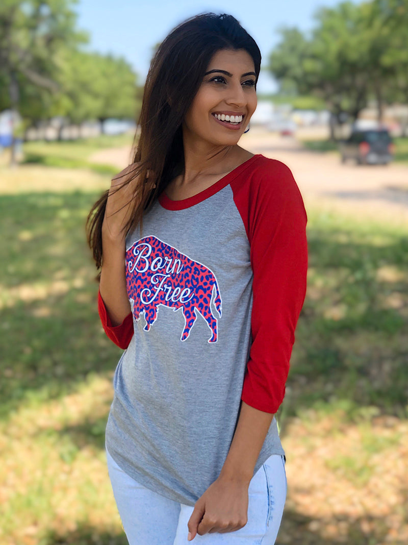 Born Free Buffalo Grey Raglan with Red Sleeves