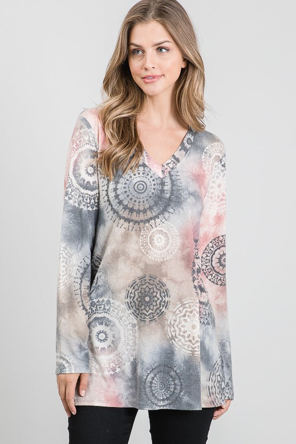 V-Neck Multi Color Long Sleeve Print Top