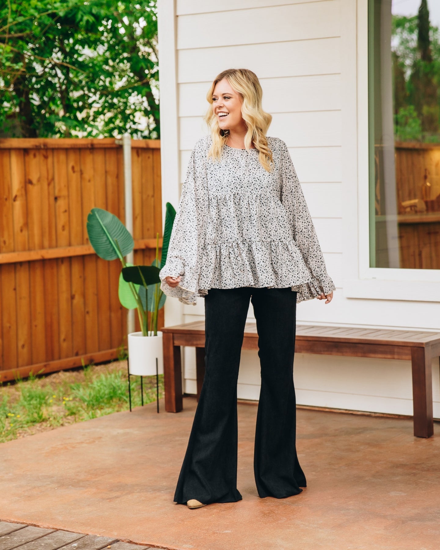 Ladies Black and Cream Spotted Tiered Top