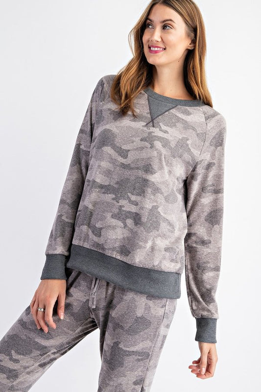 Ladies Camo Grey Long Sleeve Loungewear Top