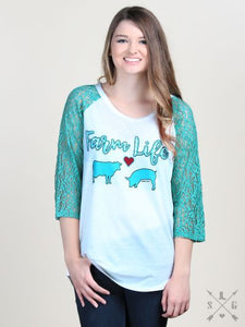 Farm Life on White Raglan with Turquoise Lace Sleeves