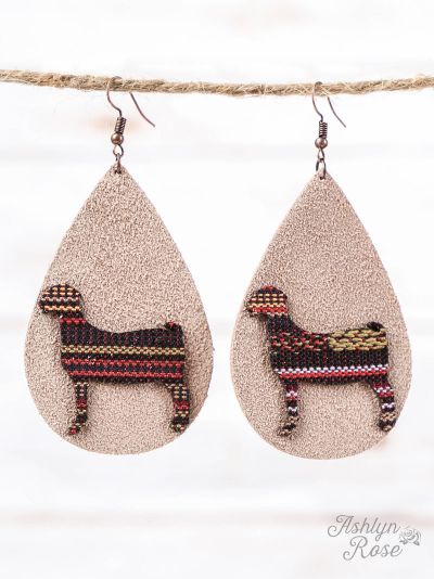 Beige Leather Teardrop Earrings with Serape Goat Cutout, Copper