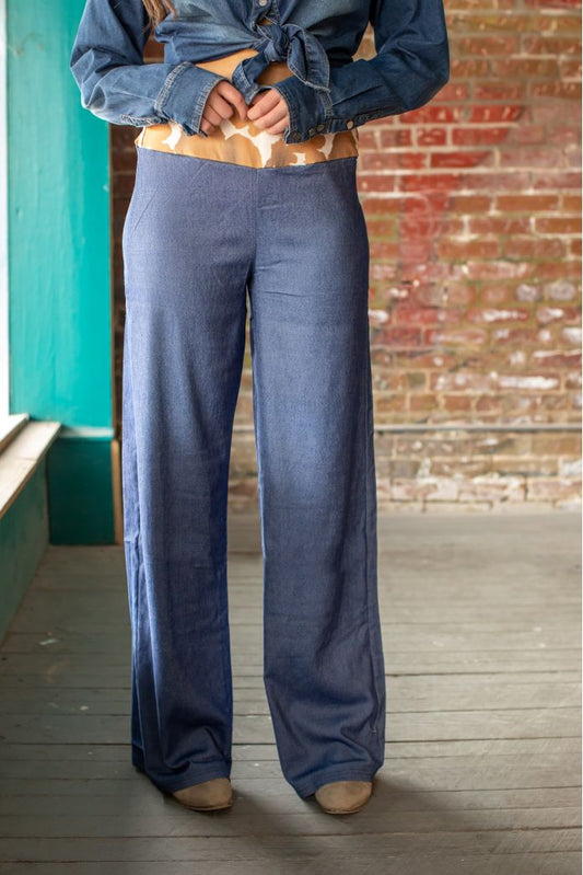 Ladies Denim Cowhide Wide Leg Gaucho Pants