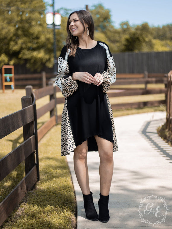 High Low Black Dress with Leopard Accents