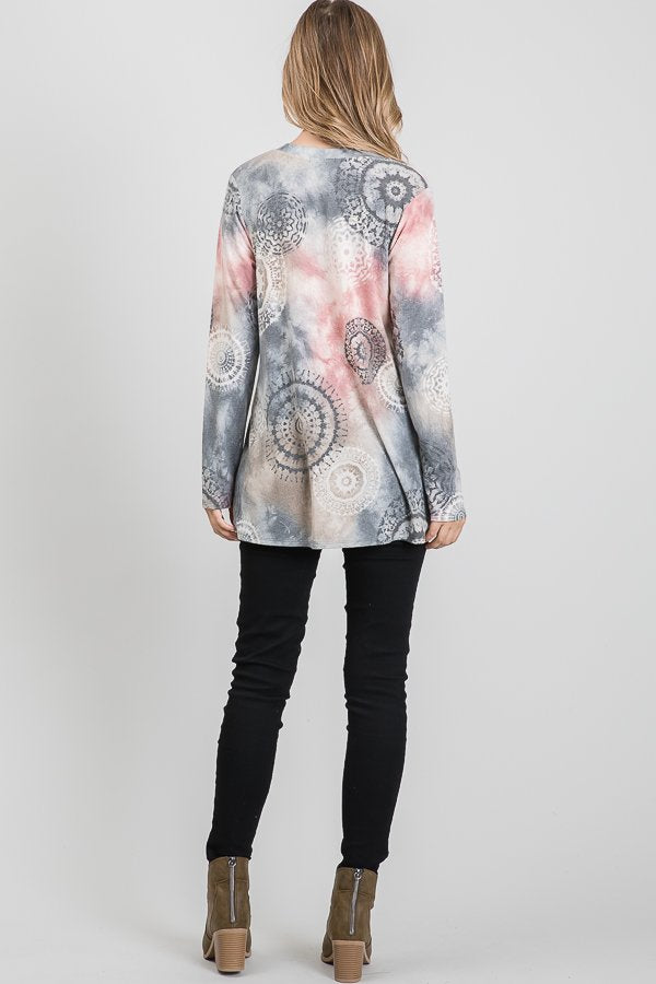 V-Neck Multi Color Long Sleeve Print Top