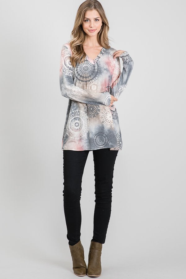 V-Neck Multi Color Long Sleeve Print Top