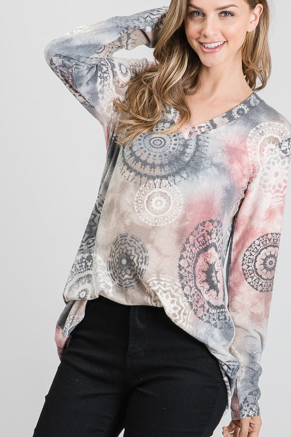 V-Neck Multi Color Long Sleeve Print Top