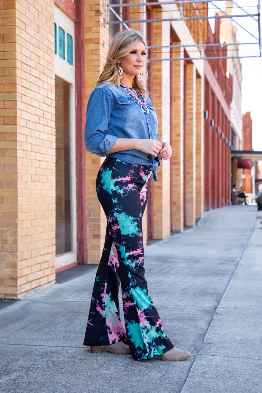 Ladies Black Pink Blue Tie-Dye High Waisted Flare Pants