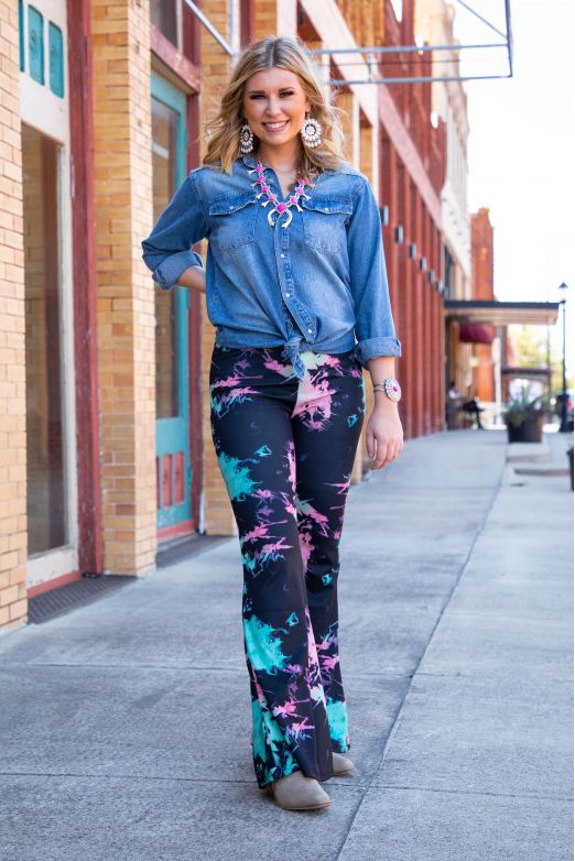 Ladies Black Pink Blue Tie-Dye High Waisted Flare Pants