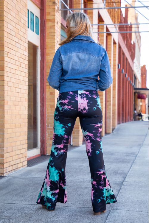 Ladies Black Pink Blue Tie-Dye High Waisted Flare Pants