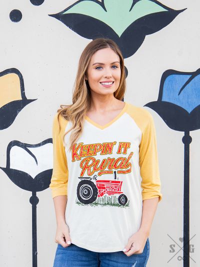 Keepin' It Rural Red Tractor  Beige Raglan